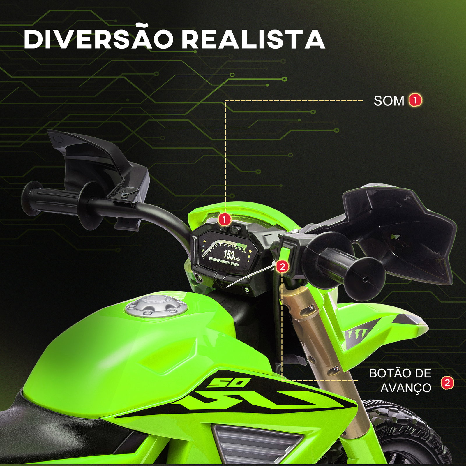 Mota elétrica para crianças moto a bateria para crianças 6v com rodas de treino e buzina 105x57x62 cm verde