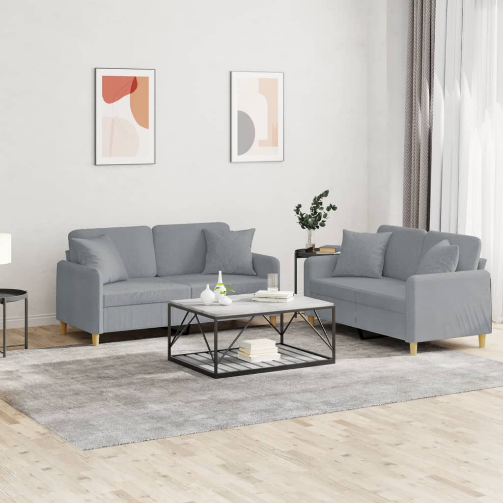 2 Pcs conjunto de sofás com almofadas tecido cinzento-claro