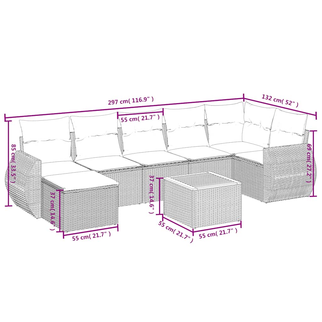 8 Pcs conjunto sofás de jardim com almofadões vime PE preto