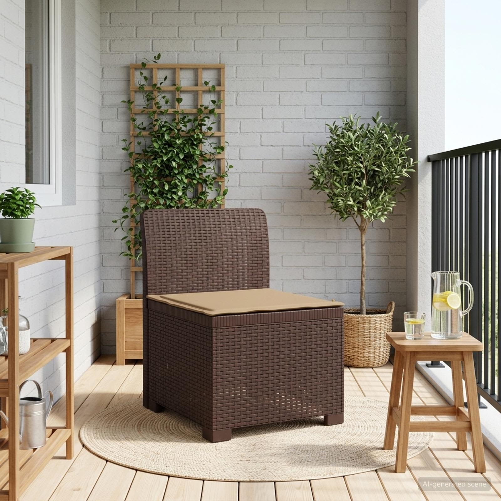 Sofá de jardim 1 lugar com almofada look rattan PP castanho
