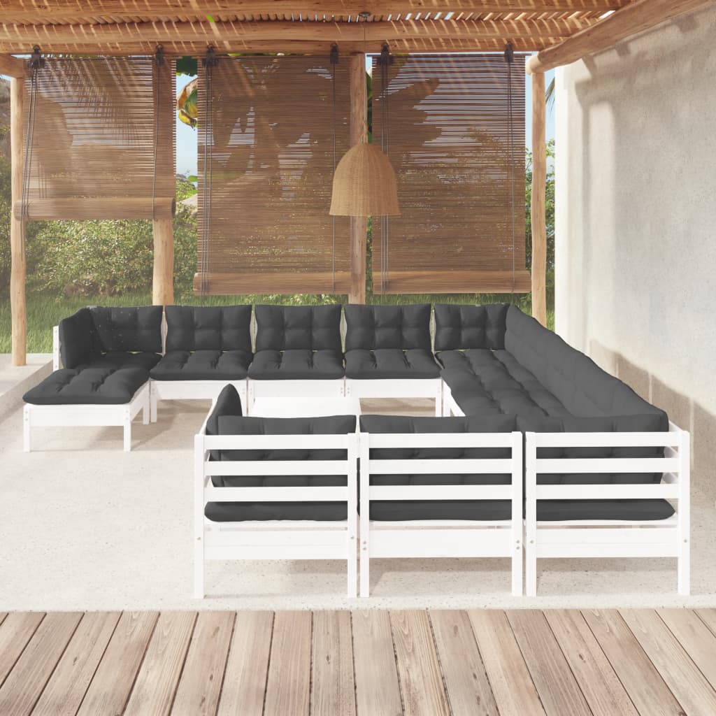 13 Pcs conjunto lounge de jardim c/ almofadões pinho branco