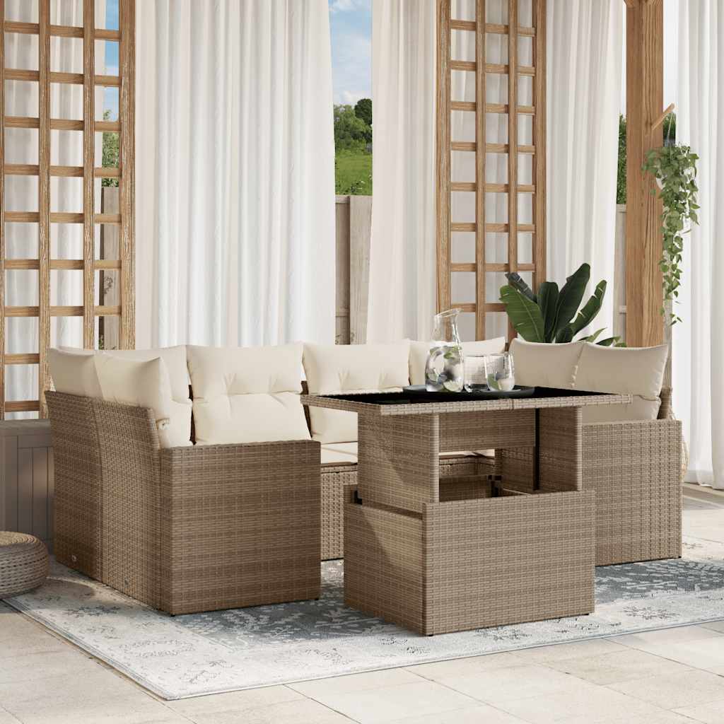 7 Pcs conjunto de sofás p/ jardim com almofadões vime PE bege