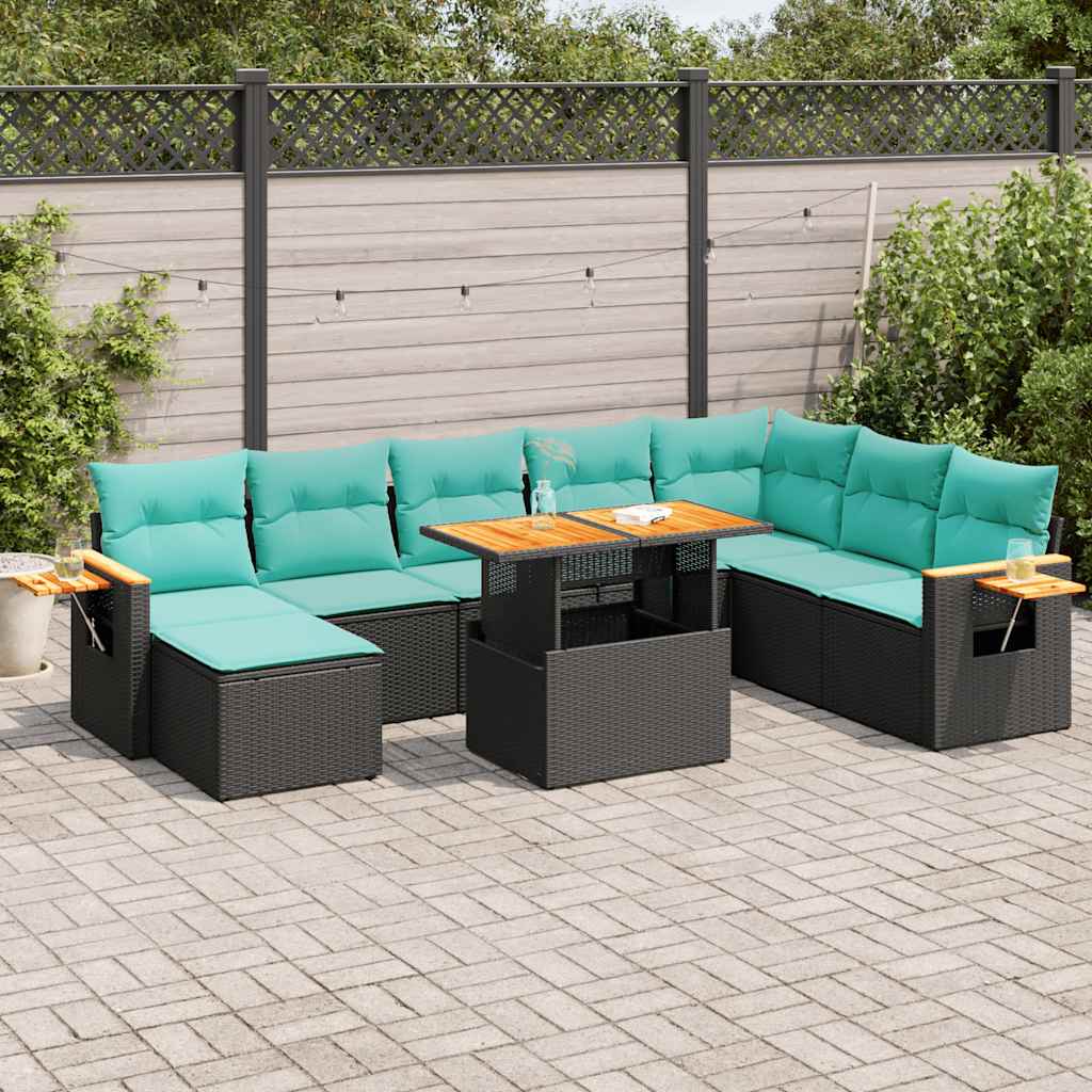 10 Pcs conjunto sofás jardim c/ almofadões vime PE/acácia preto