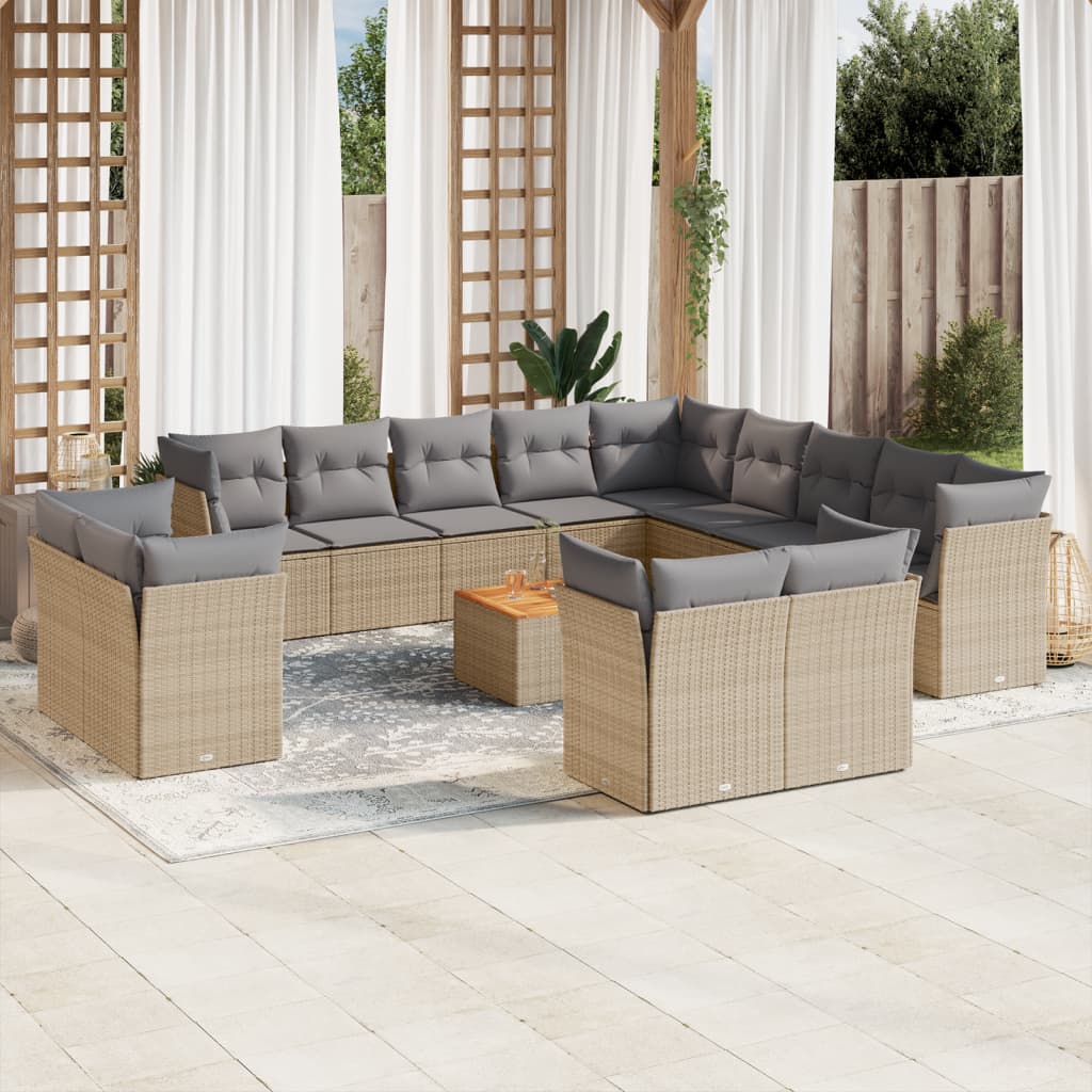 14 Pcs conj. sofás jardim c/ almofadões vime PE bege misturado