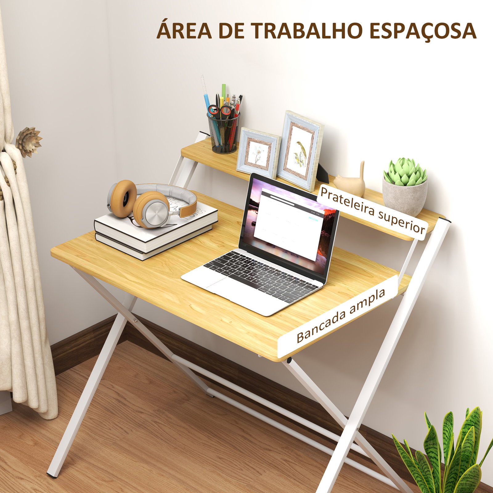 Secretária dobrável com prateleira aberta secretária pequena para escritório casa 86x66x82 cm madeira