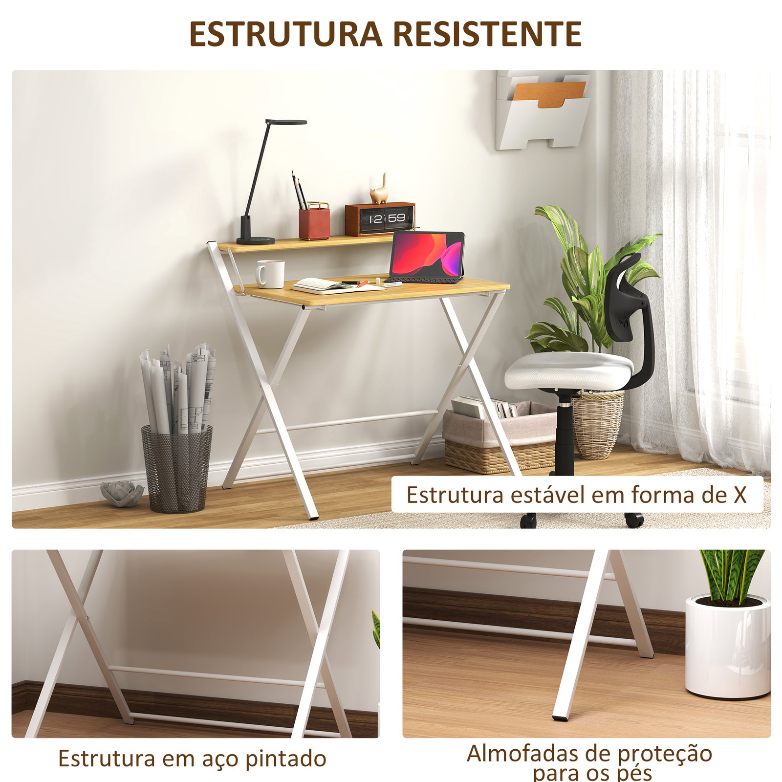 Secretária dobrável com prateleira aberta secretária pequena para escritório casa 86x66x82 cm madeira