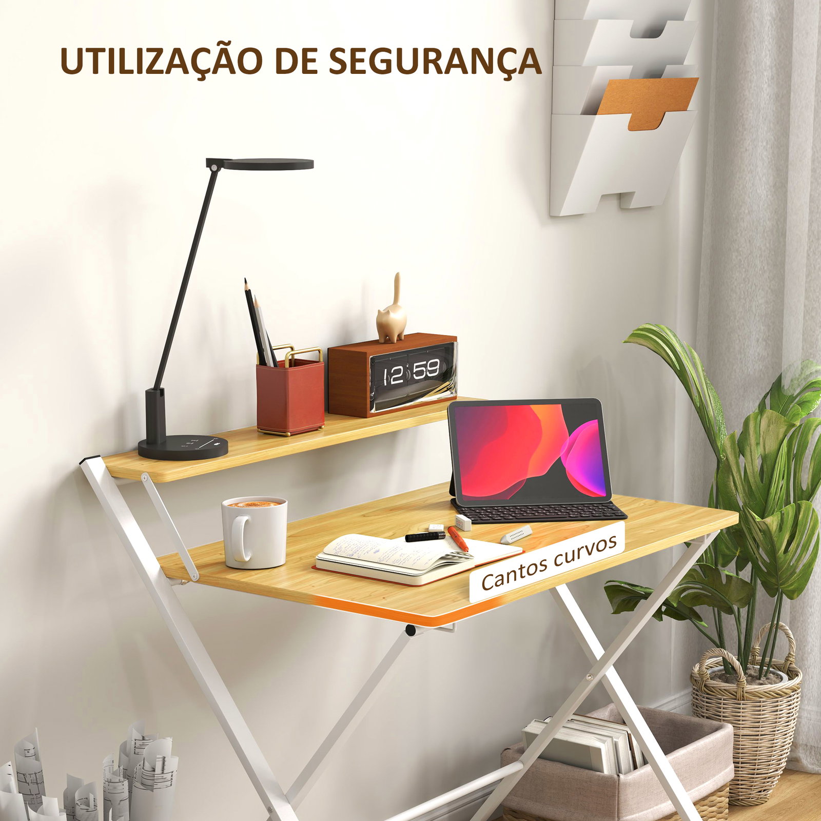 Secretária dobrável com prateleira aberta secretária pequena para escritório casa 86x66x82 cm madeira