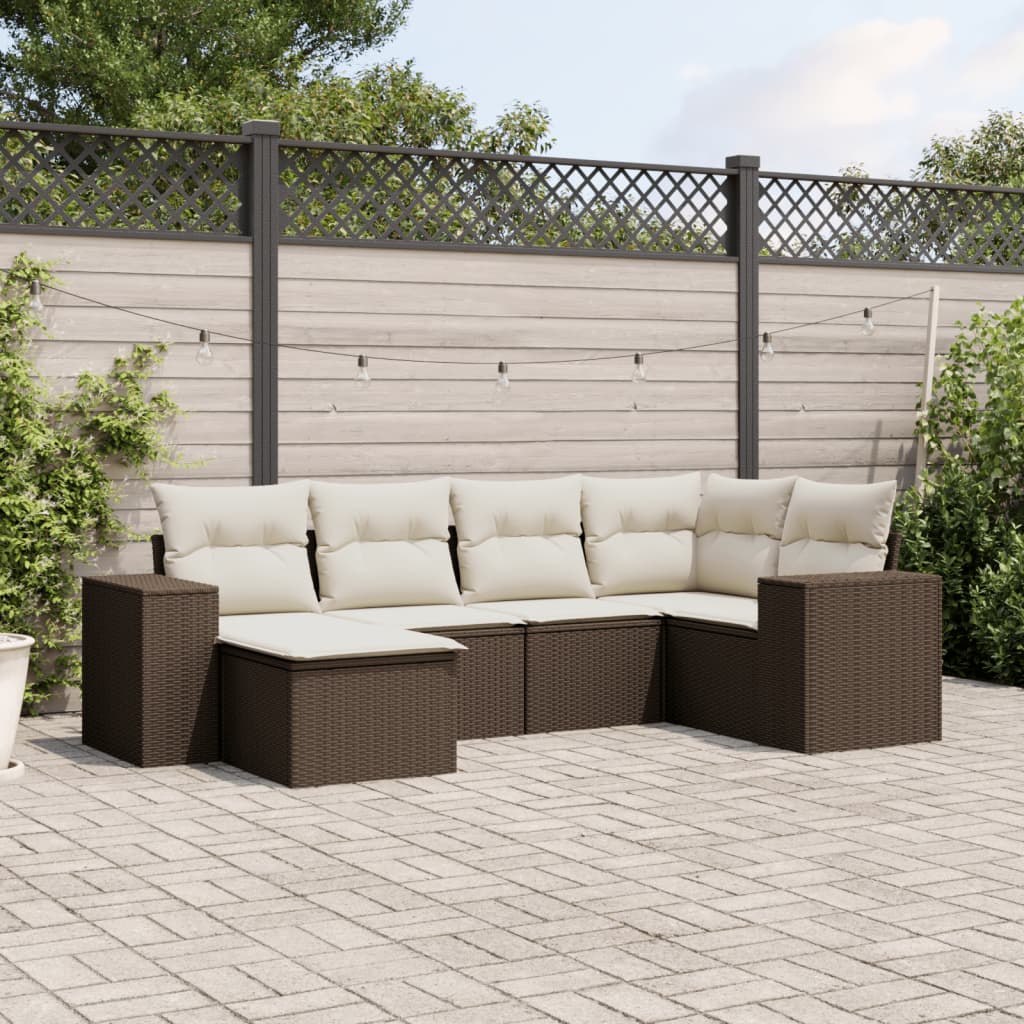 6 Pcs conjunto de sofás jardim c/ almofadões vime PE castanho