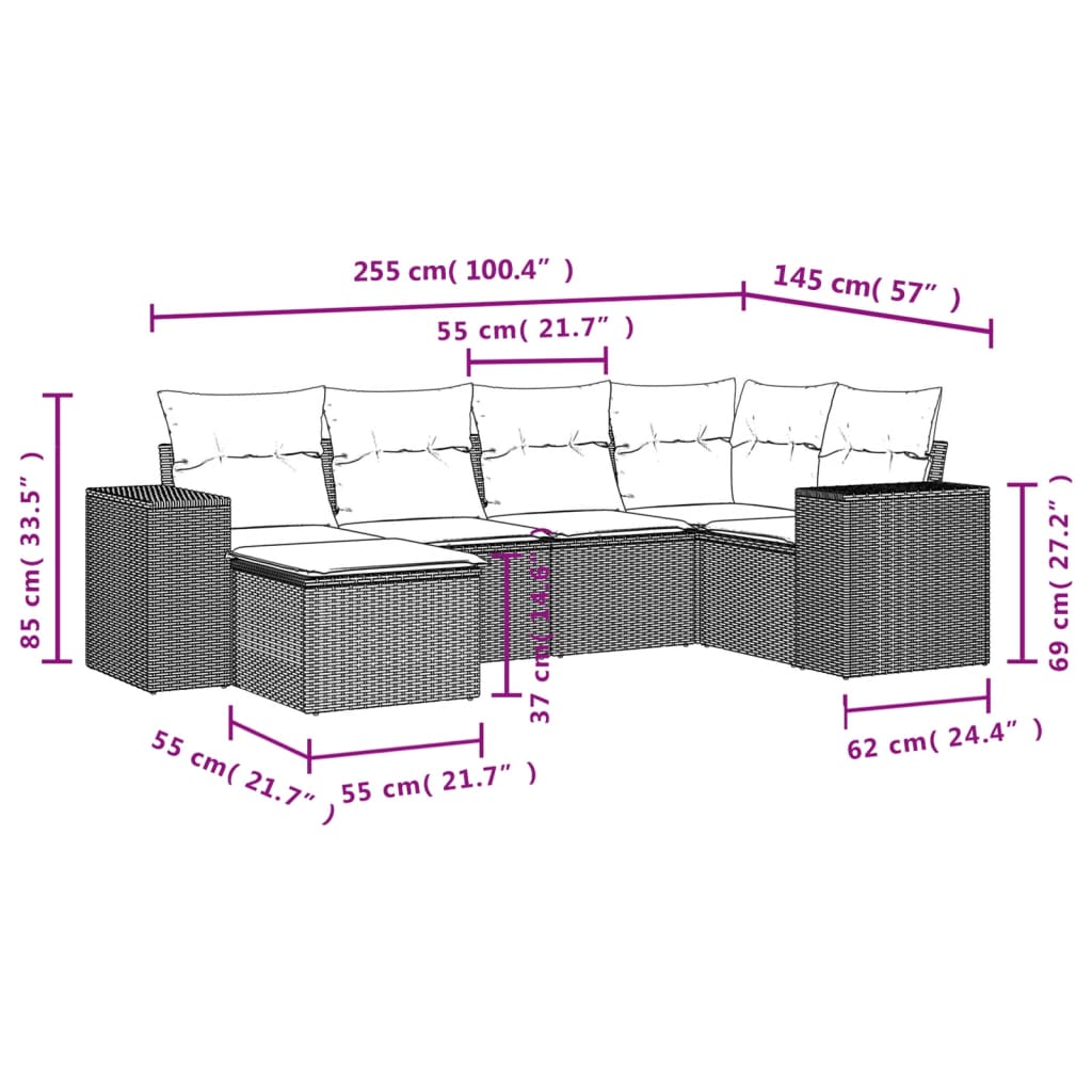 6 Pcs conjunto de sofás jardim c/ almofadões vime PE castanho