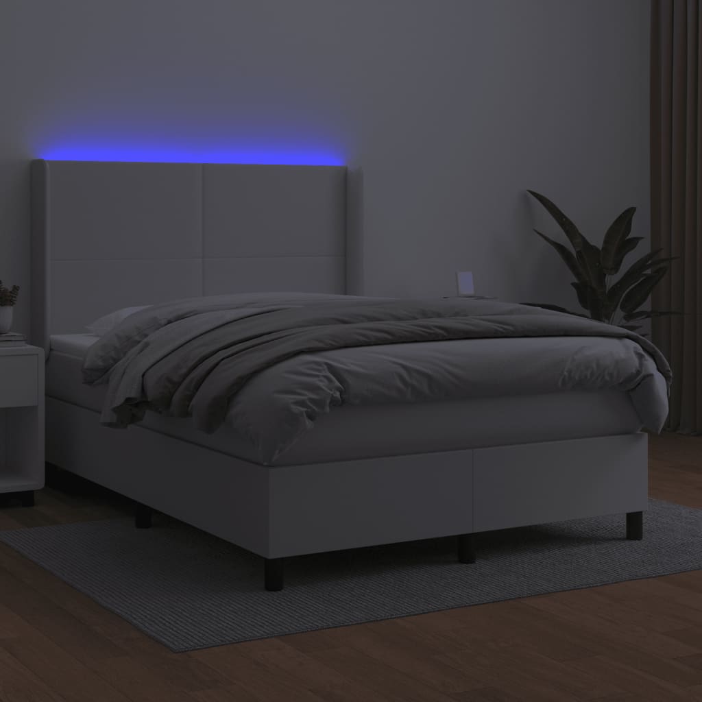 Cama box spring c/colchão/LED 140x190cm couro artificial branco