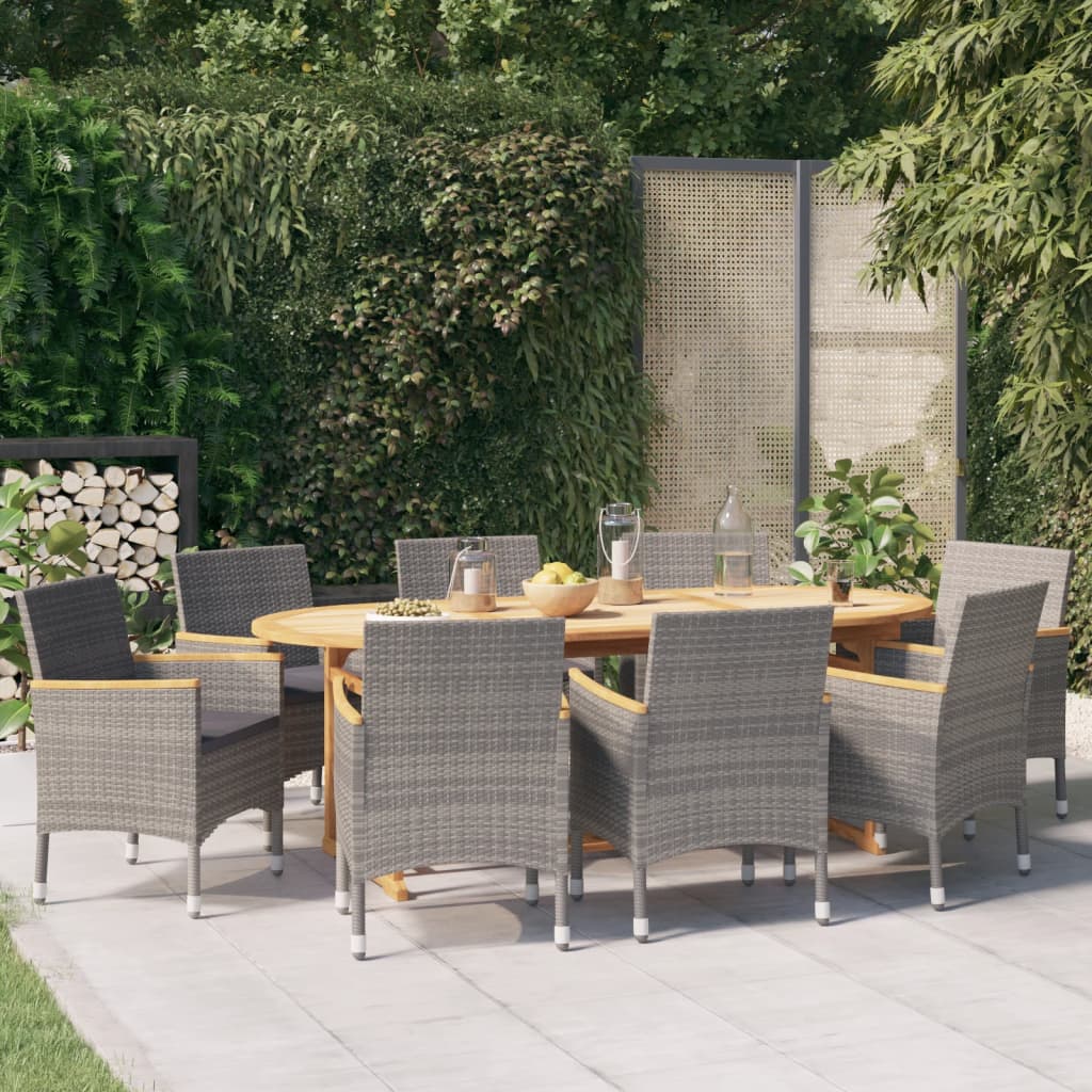 9 Pcs conjunto de jantar para jardim com almofadões cinzento