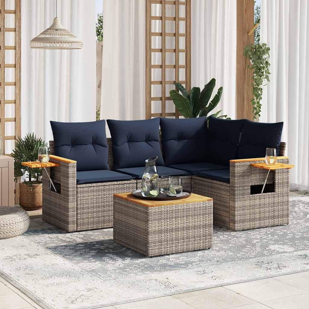 5 Pcs conjunto sofás p/ jardim c/ almofadões vime PE cinzento