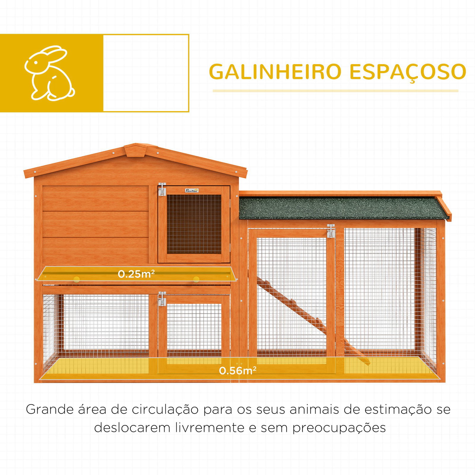 Coelheira de madeira 150x45x85 cm gaiola para coelhos grande com telhado asfáltico bandeja removível escada e ninho natural