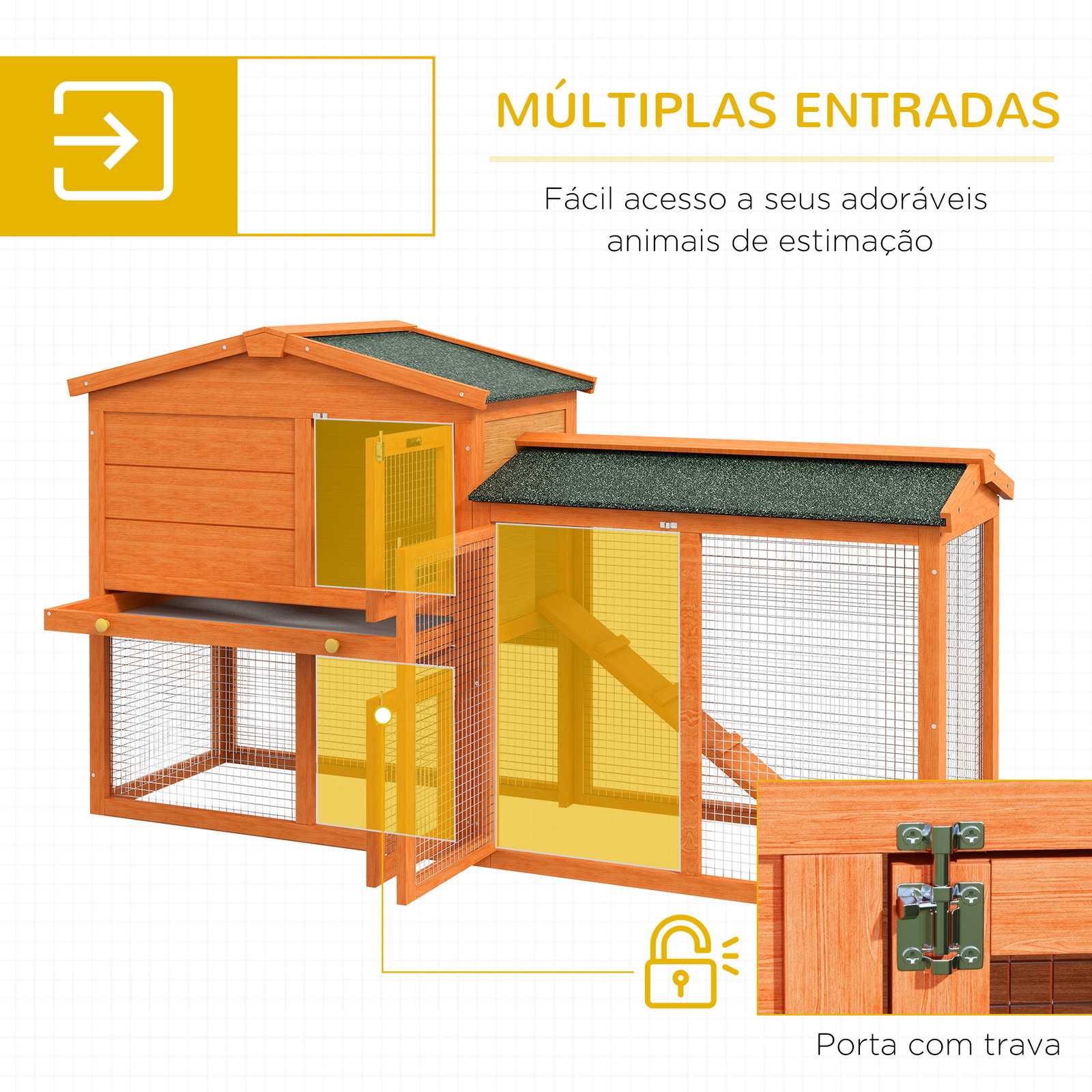 Coelheira de madeira 150x45x85 cm gaiola para coelhos grande com telhado asfáltico bandeja removível escada e ninho natural