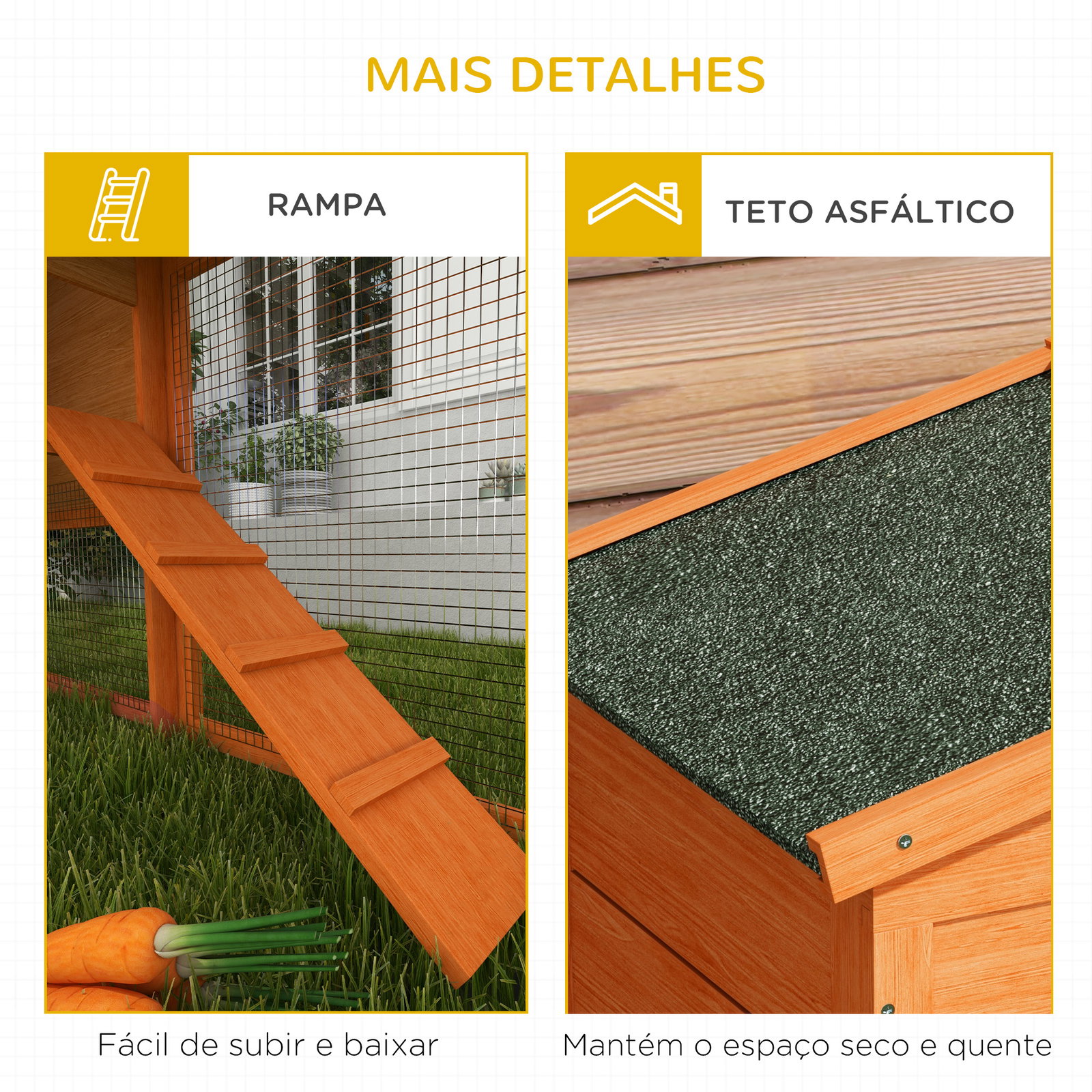 Coelheira de madeira 150x45x85 cm gaiola para coelhos grande com telhado asfáltico bandeja removível escada e ninho natural