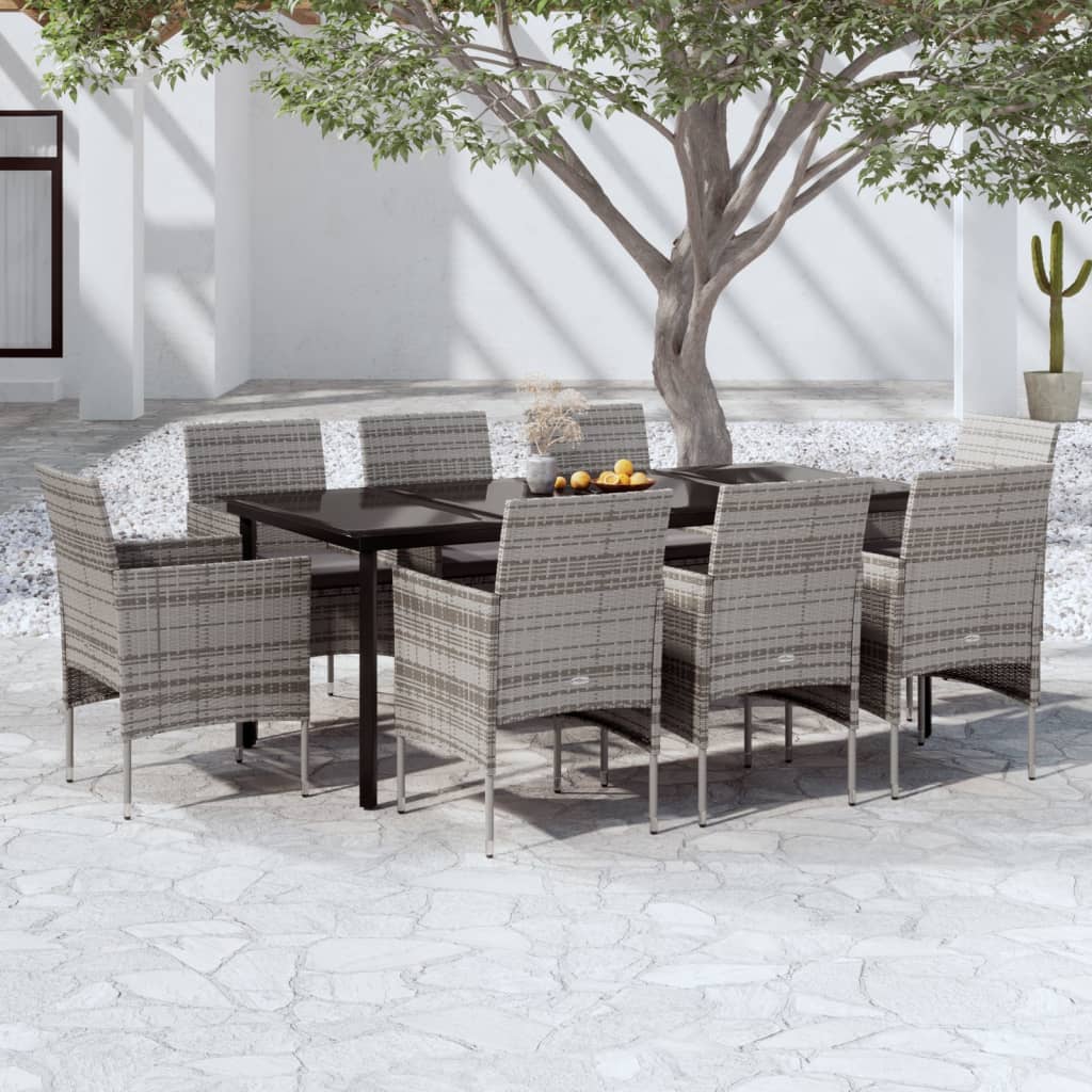 9 Pcs conjunto de jantar para jardim c/ almofadões cinza/preto