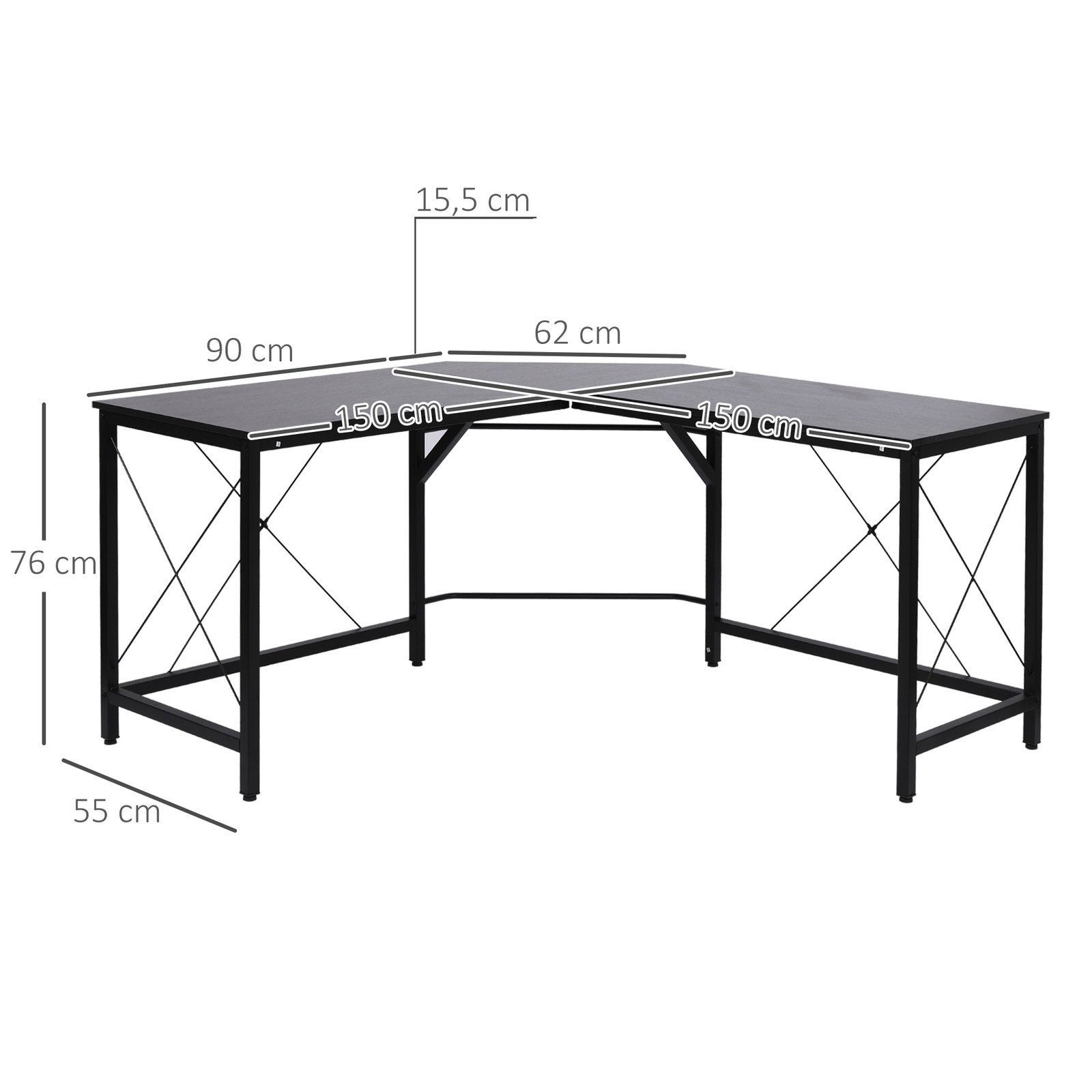 Secretária em Forma de L Secretária para Escritório com Estrutura de Metal Secretária de Canto 150x150x76 cm Preto