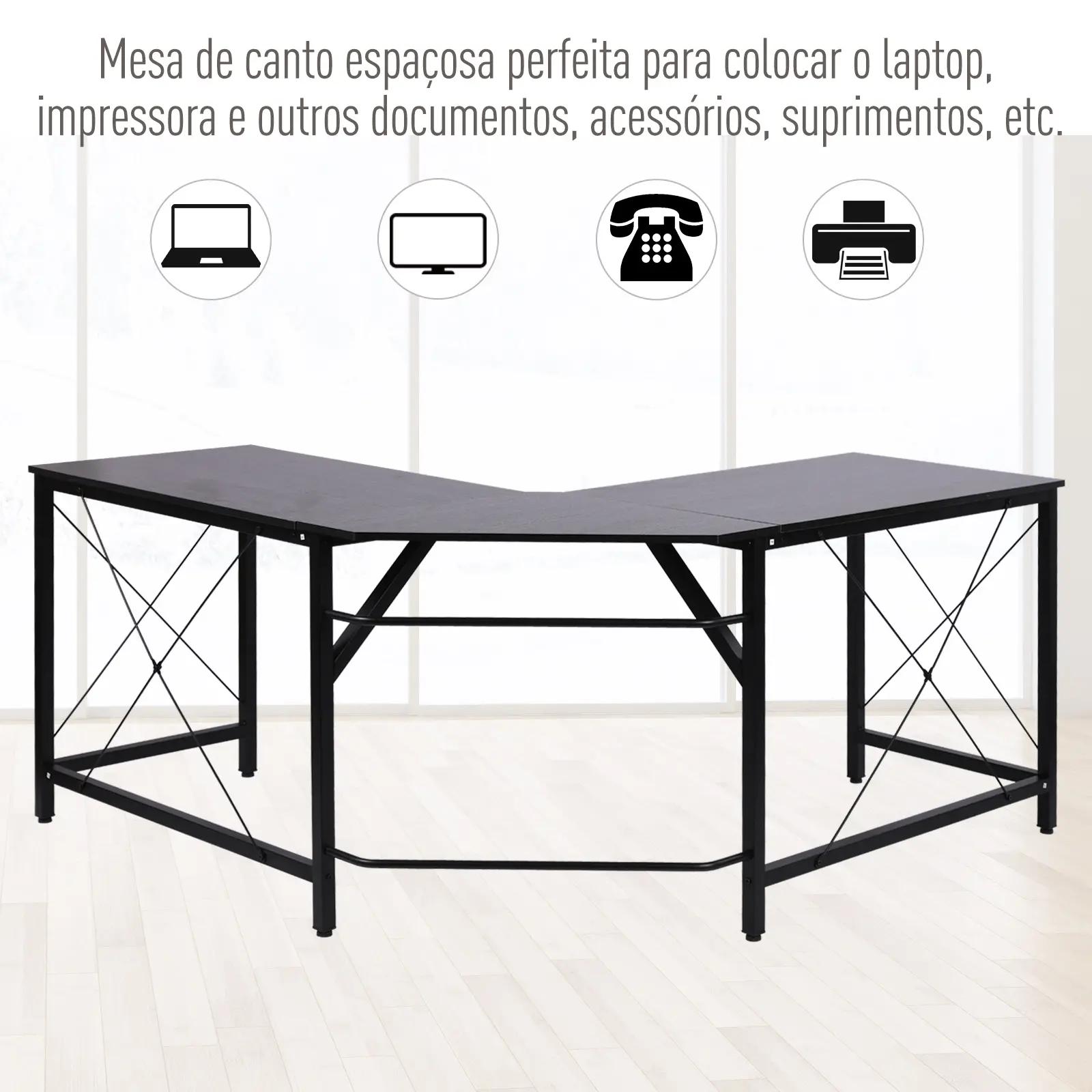 Secretária em Forma de L Secretária para Escritório com Estrutura de Metal Secretária de Canto 150x150x76 cm Preto