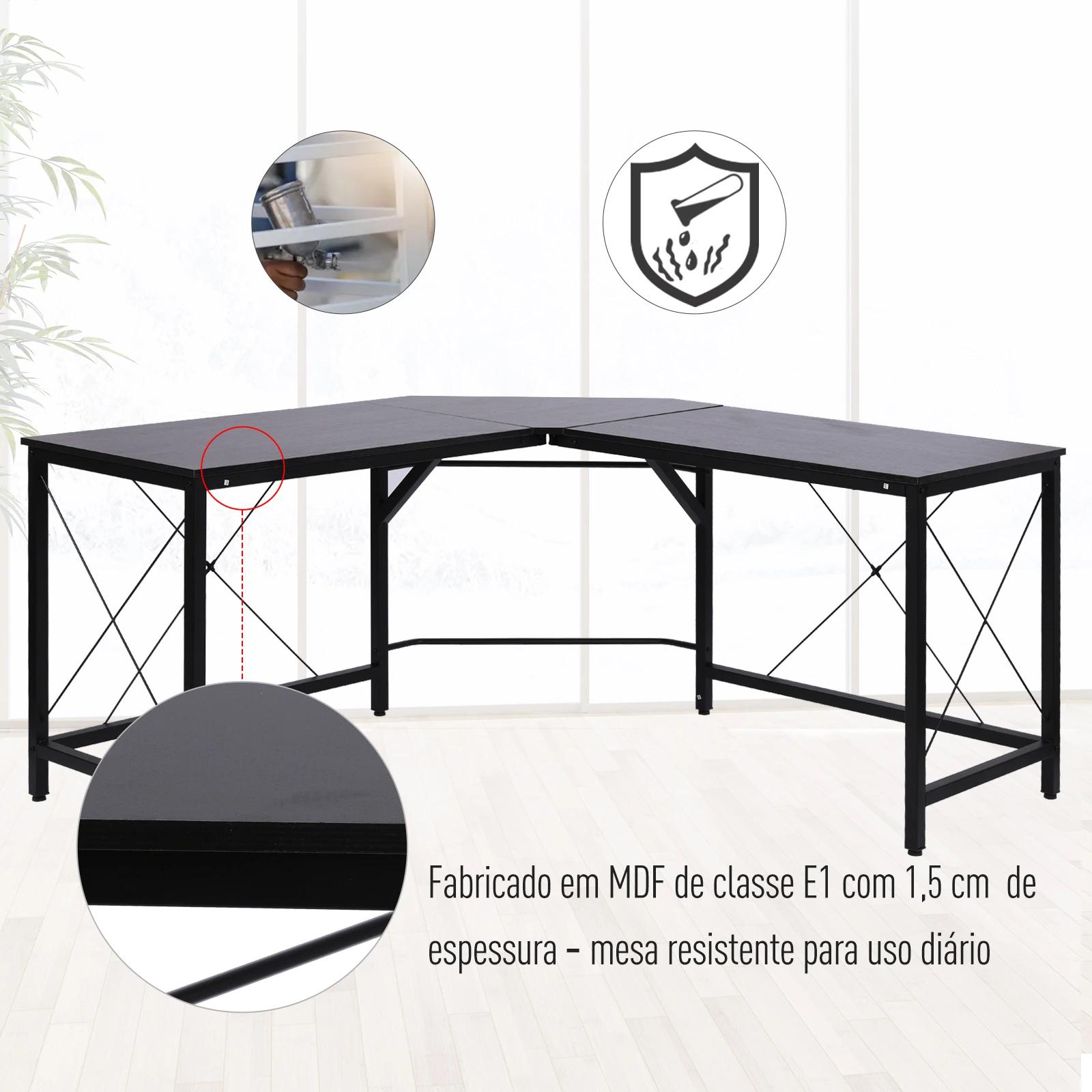 Secretária em Forma de L Secretária para Escritório com Estrutura de Metal Secretária de Canto 150x150x76 cm Preto