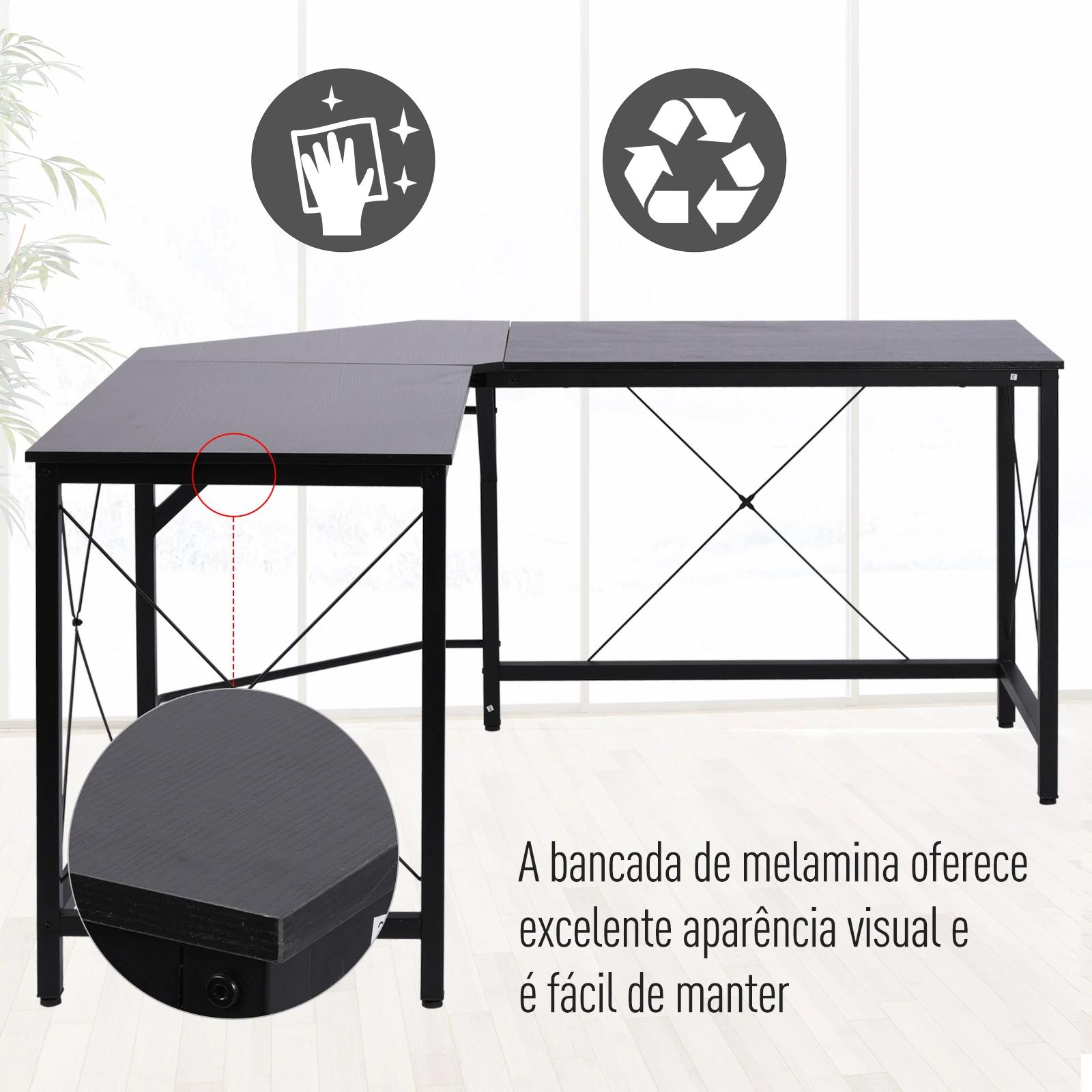 Secretária em Forma de L Secretária para Escritório com Estrutura de Metal Secretária de Canto 150x150x76 cm Preto