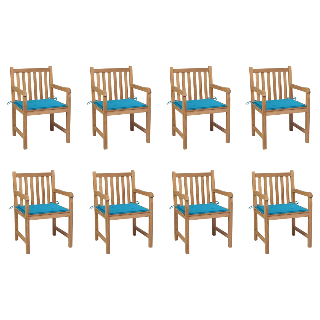Cadeiras de jardim c/ almofadões azul 8 pcs teca maciça