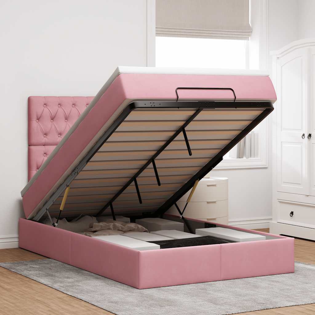 Moldura de cama otomana com colchões rosa 120x190 cm veludo