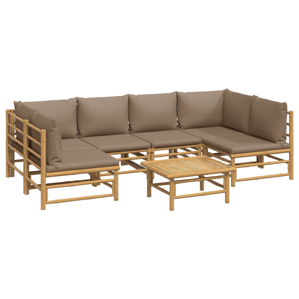 7 Pcs conj. lounge jardim bambu c/ almofadões cinza-acastanhado
