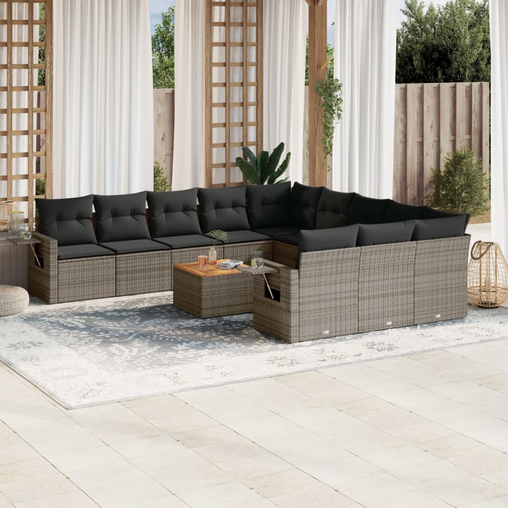 12 Pcs conjunto de sofás jardim c/ almofadões vime PE cinzento