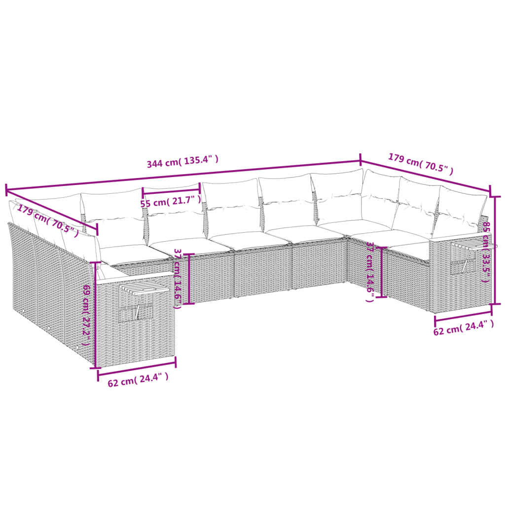 10 Pcs conjunto de sofás p/ jardim com almofadões vime PE bege