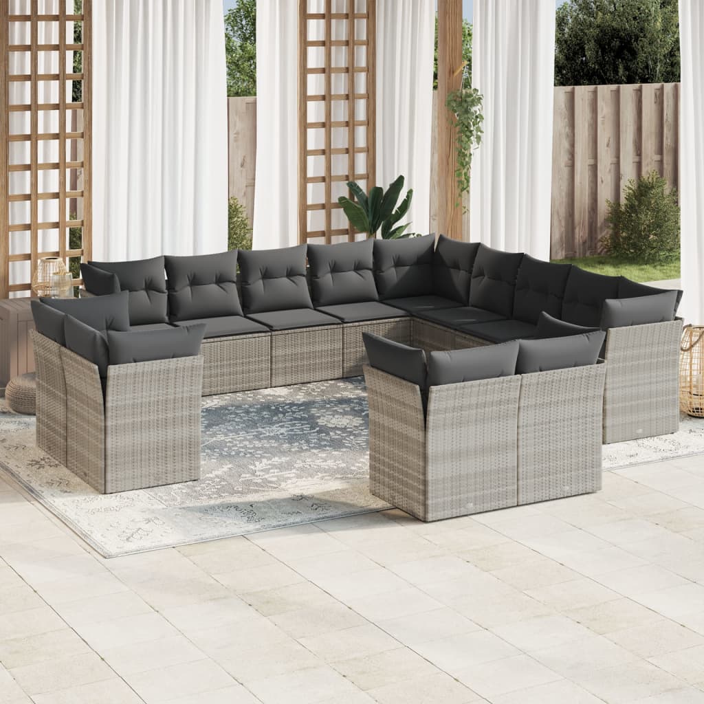 13 Pcs conj. sofás jardim c/ almofadões vime PE cinzento-claro