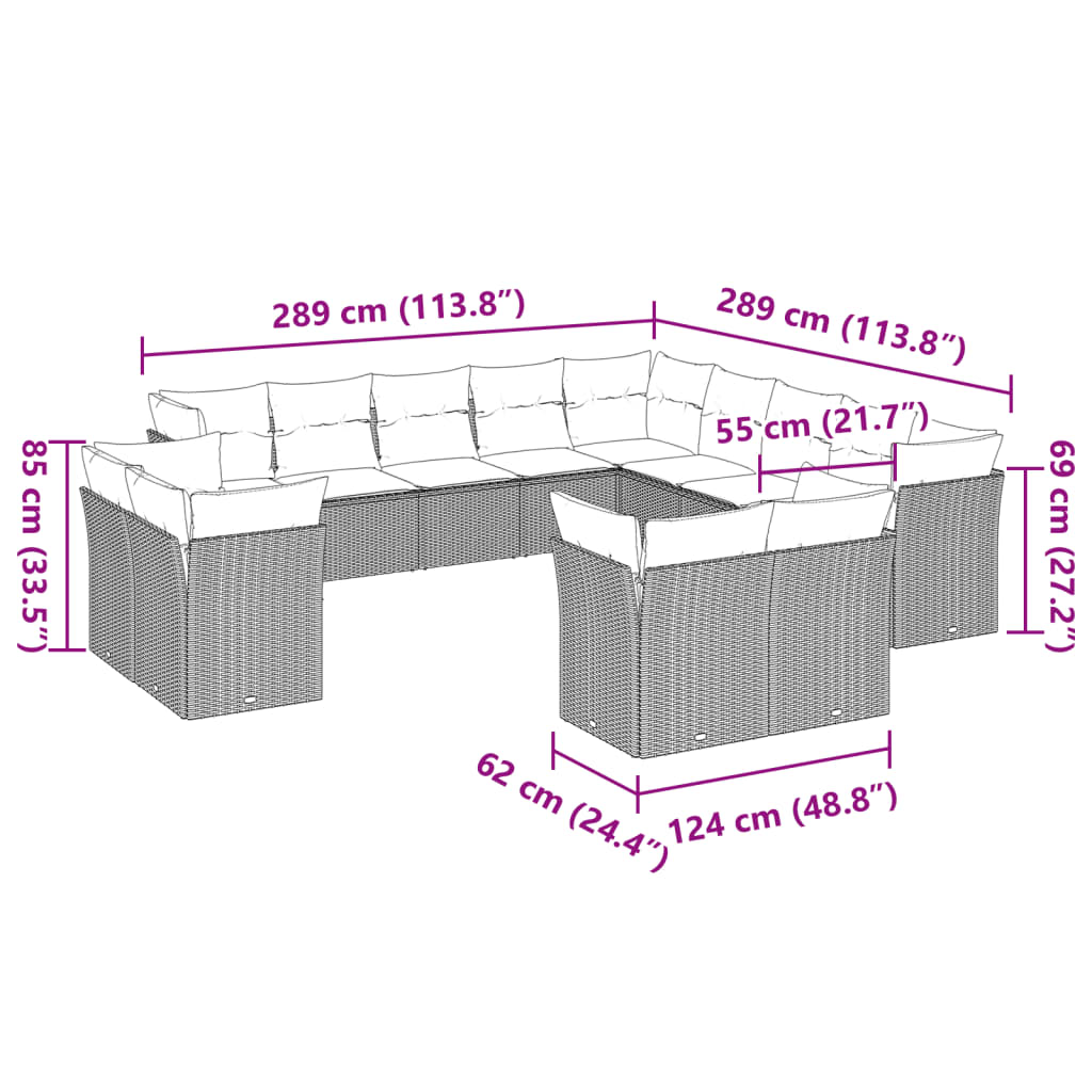 13 Pcs conj. sofás jardim c/ almofadões vime PE cinzento-claro