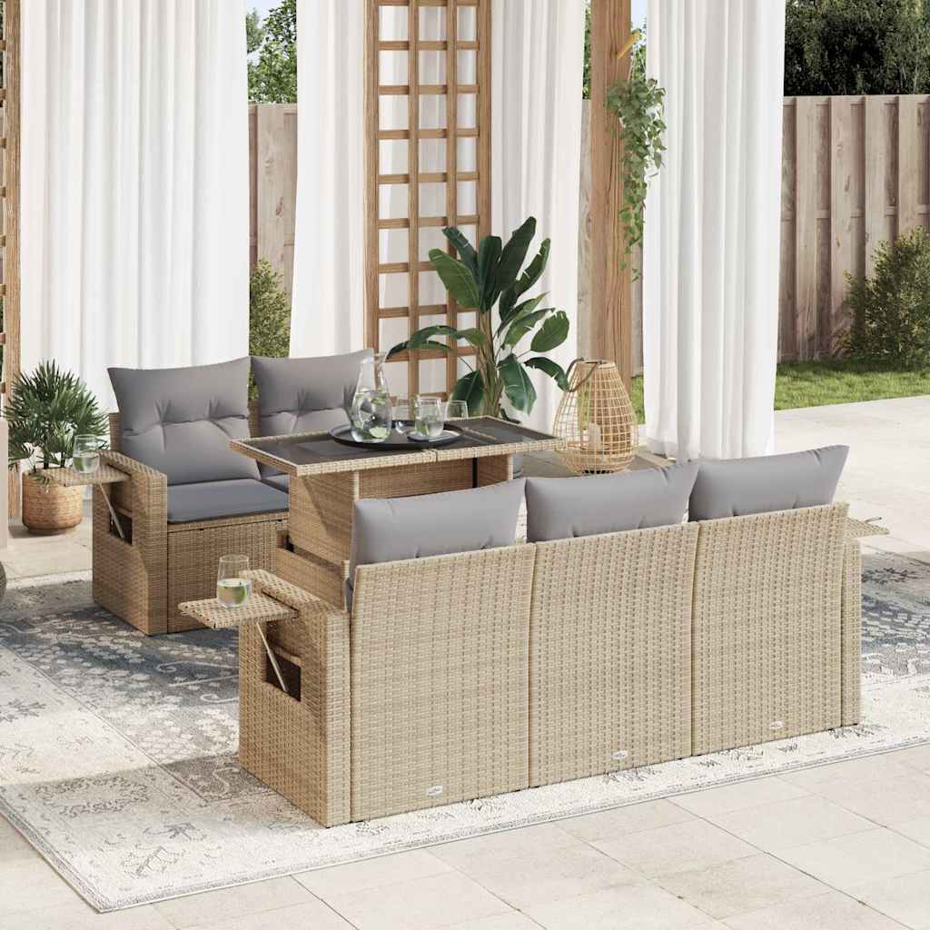 6 Pcs conjunto de sofás p/ jardim com almofadões vime PE bege