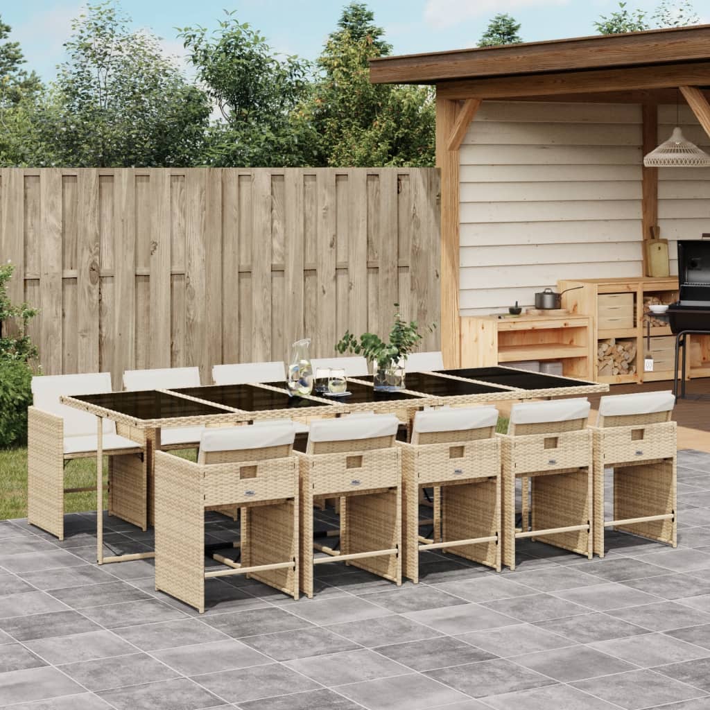11 Pcs conjunto de jantar p/ jardim com almofadões vime PE bege