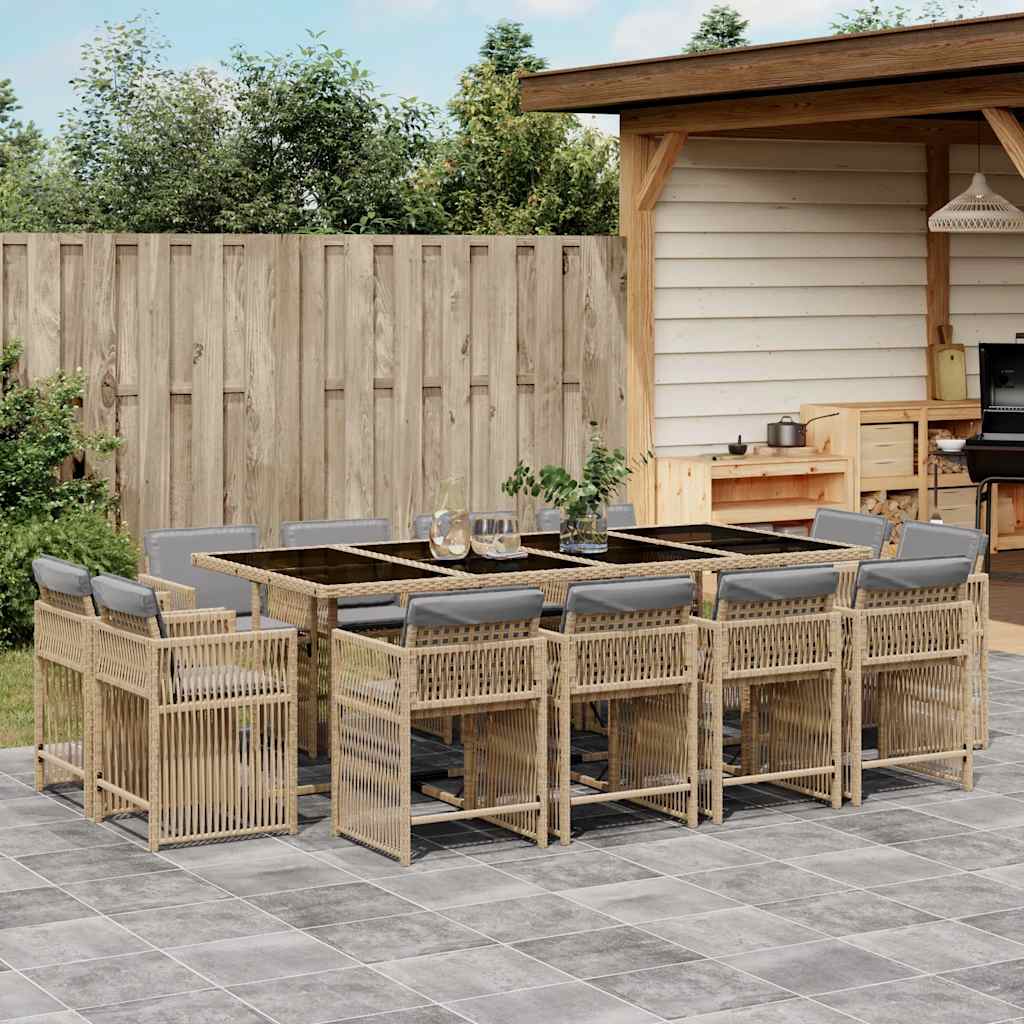 13 Pcs conj. jantar jardim c/ almofadões vime PE bege misturado