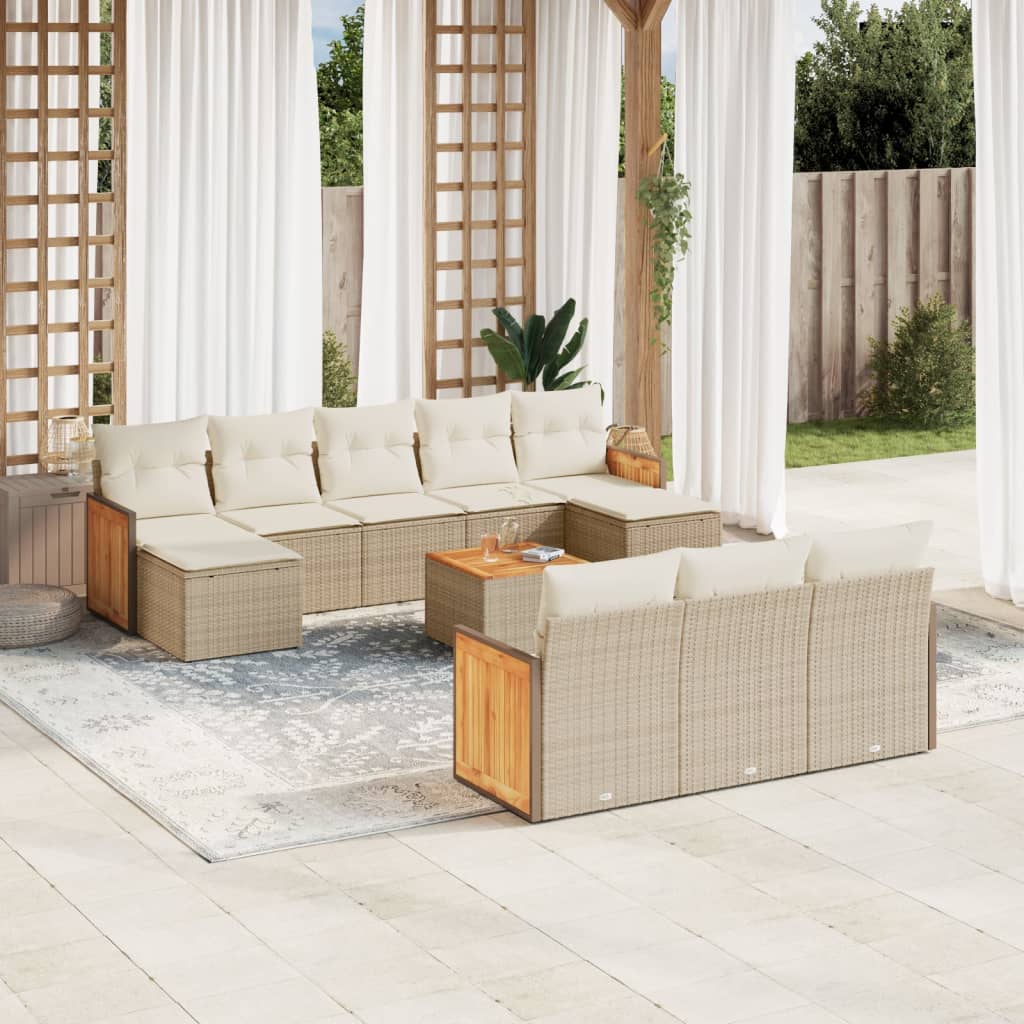 11 Pcs conjunto sofás de jardim c/ almofadões vime PE bege