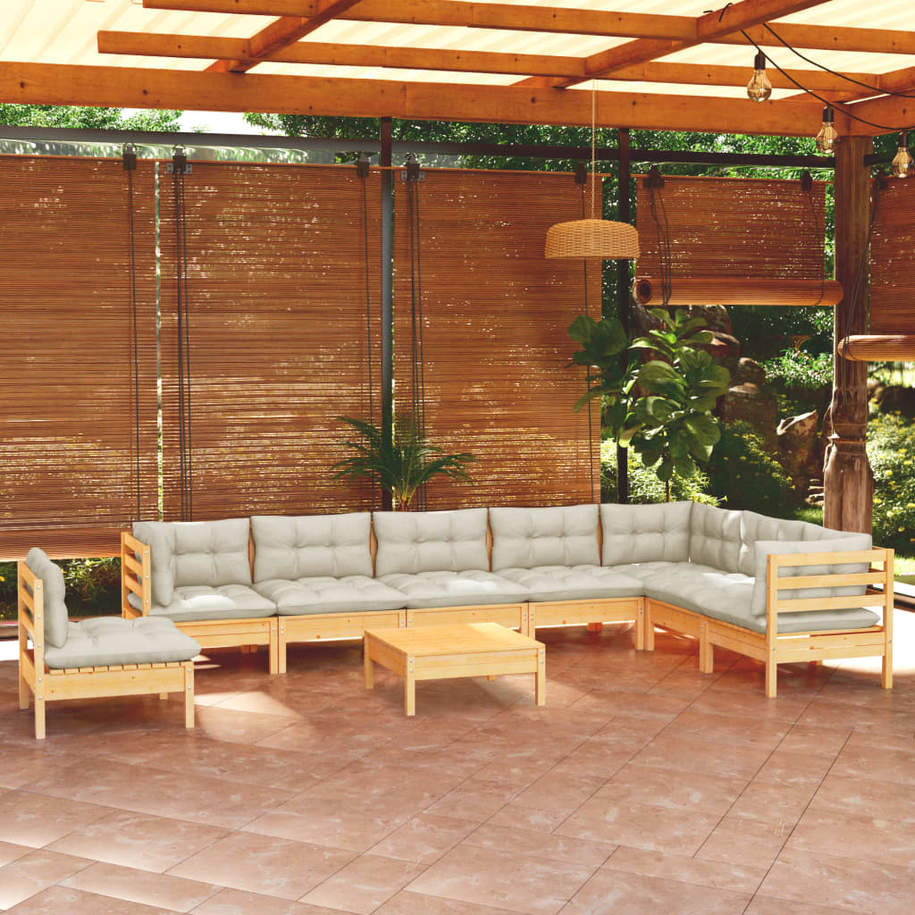 9 Pcs conjunto lounge jardim c/ almofadões creme pinho maciço