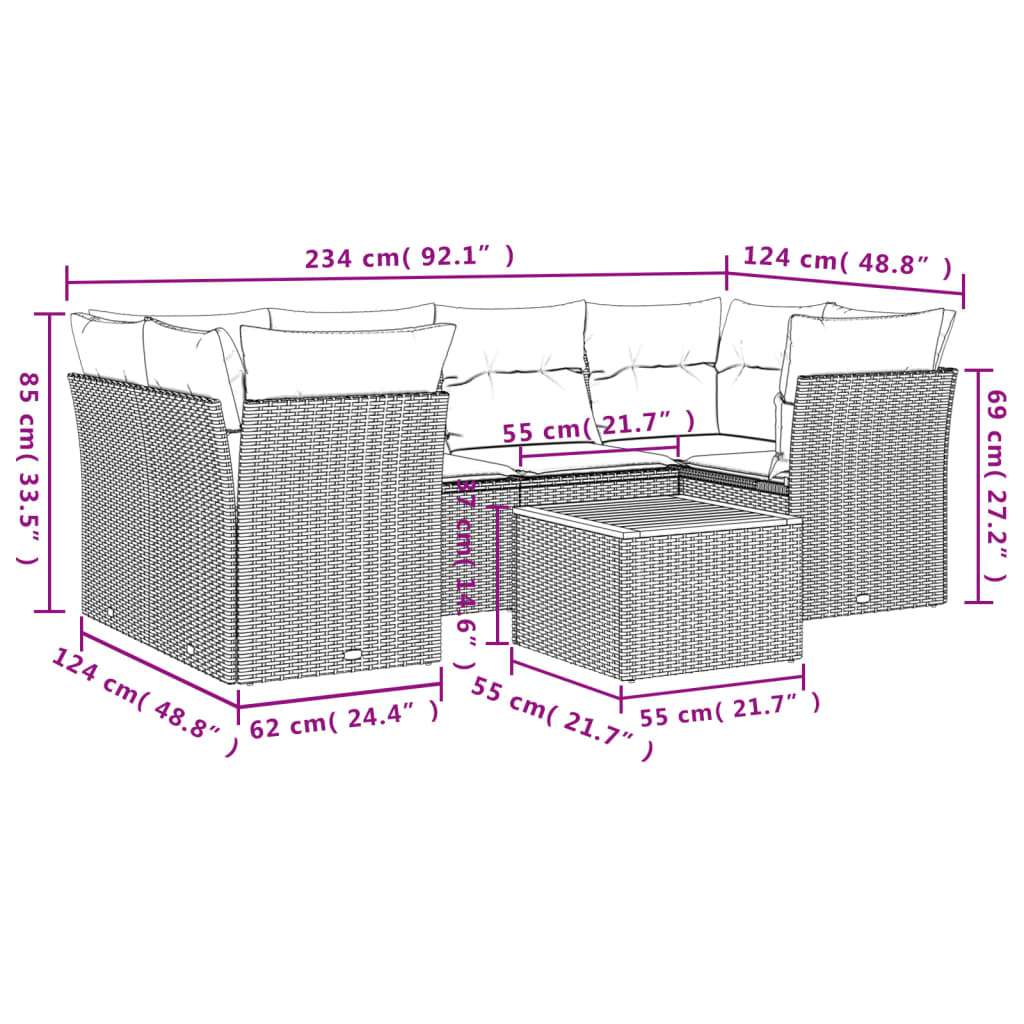 7 Pcs conjunto sofás p/ jardim c/ almofadões vime PE cinzento