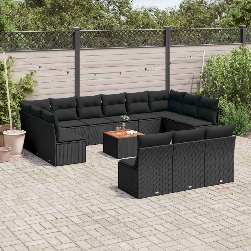 14 Pcs conjunto de sofás p/ jardim c/ almofadões vime PE preto
