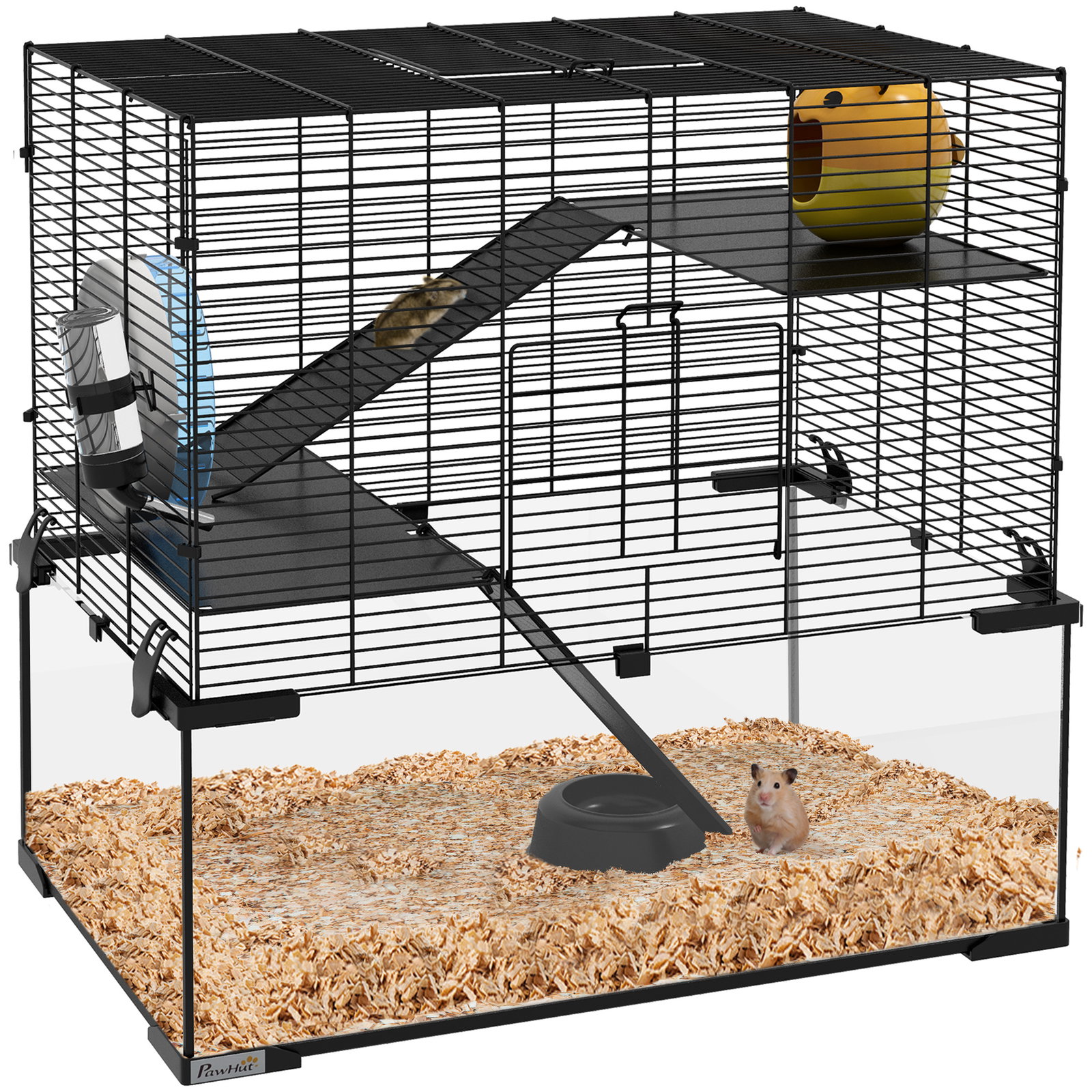 Gaiola para hamster com fundo de vidro plataformas comedouro bebedouro casa rampas e roda de exercício 60x40x54,5 cm preto