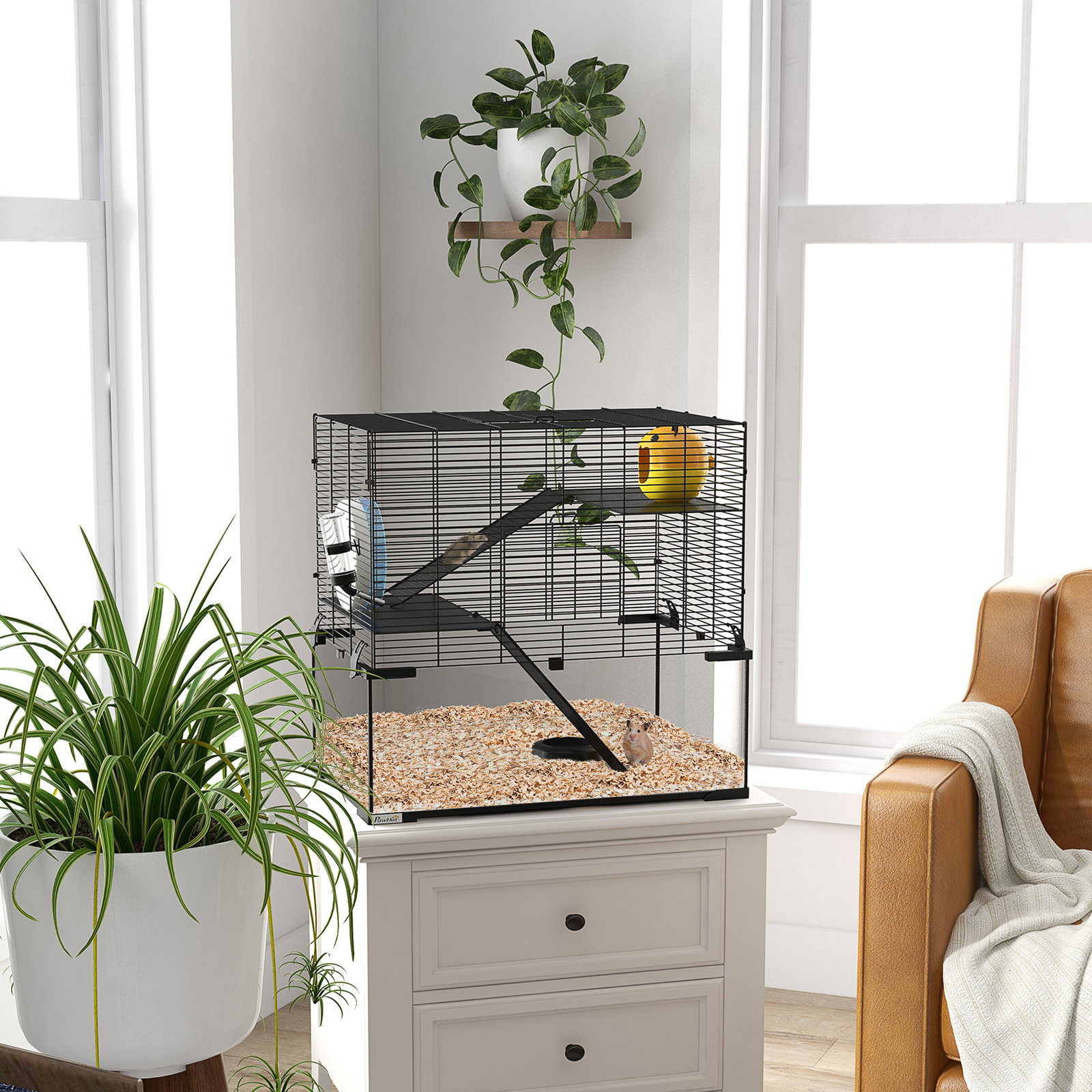 Gaiola para hamster com fundo de vidro plataformas comedouro bebedouro casa rampas e roda de exercício 60x40x54,5 cm preto