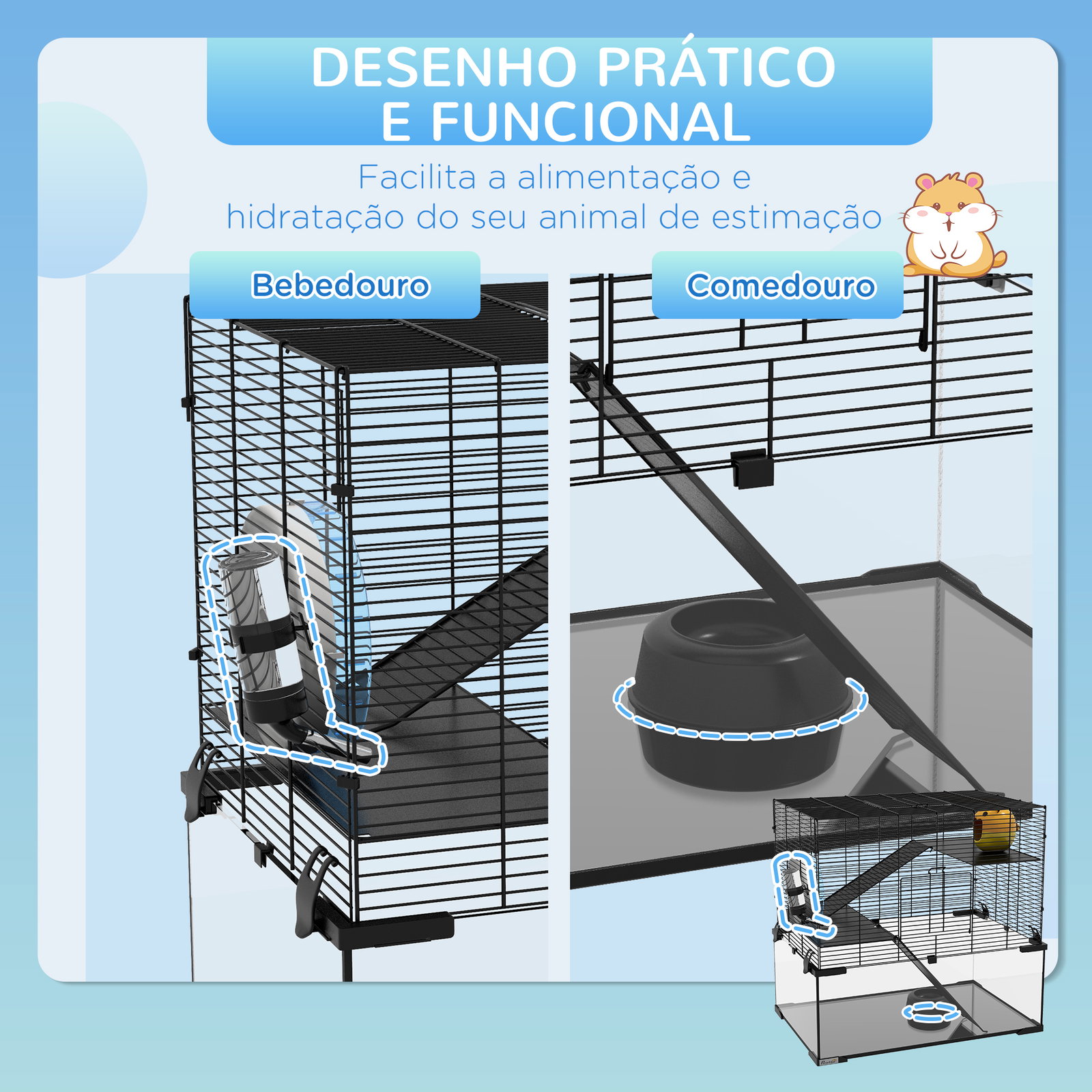 Gaiola para hamster com fundo de vidro plataformas comedouro bebedouro casa rampas e roda de exercício 60x40x54,5 cm preto