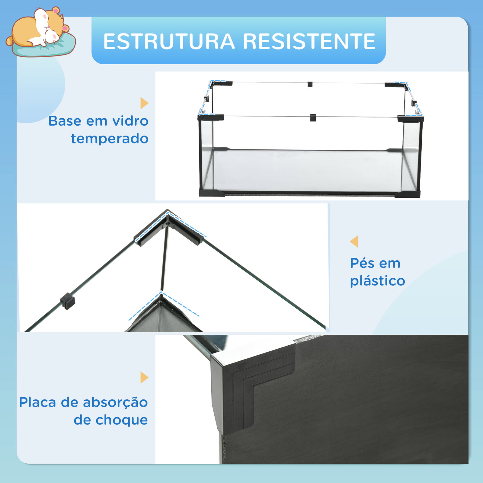 Gaiola para hamster com fundo de vidro plataformas comedouro bebedouro casa rampas e roda de exercício 60x40x54,5 cm preto