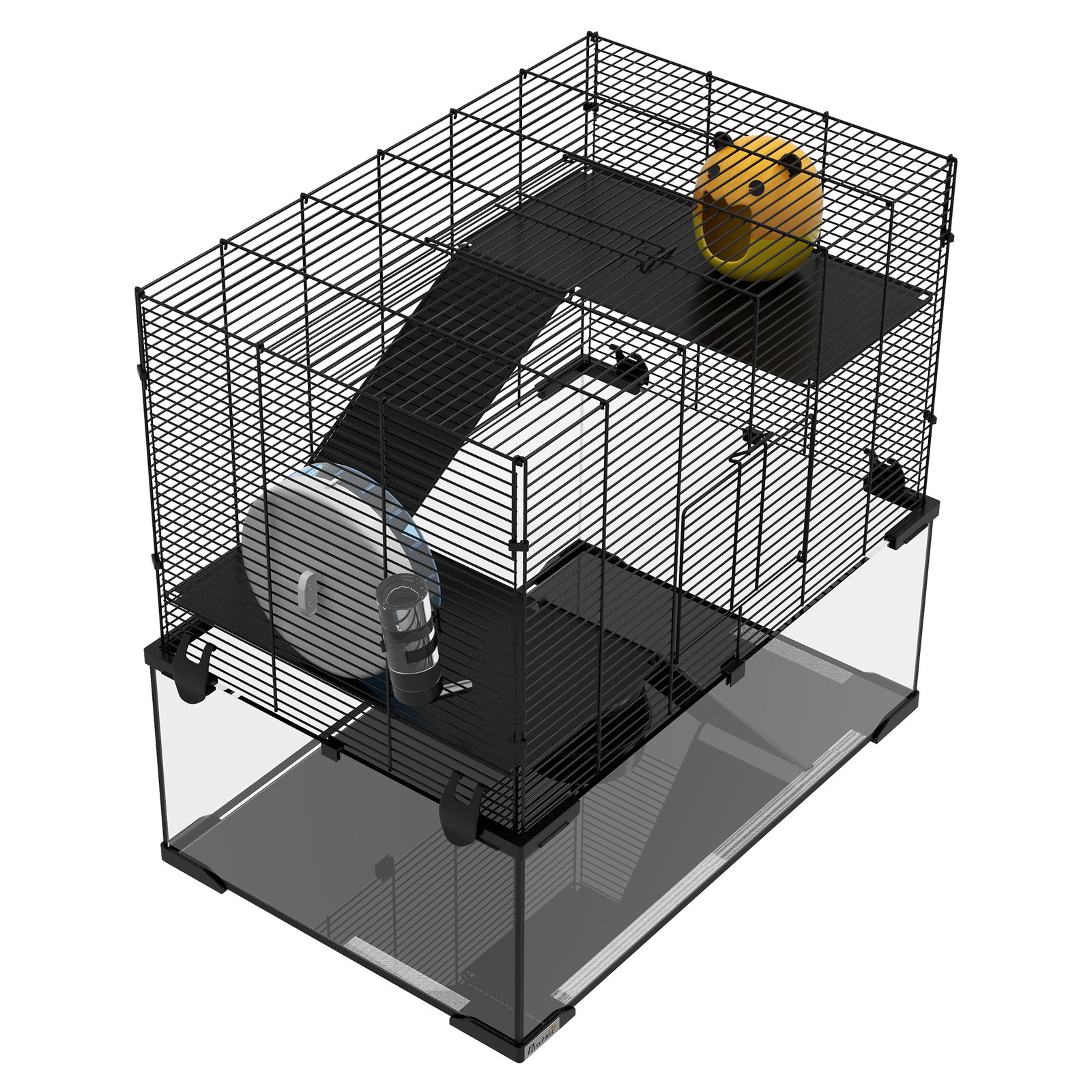 Gaiola para hamster com fundo de vidro plataformas comedouro bebedouro casa rampas e roda de exercício 60x40x54,5 cm preto