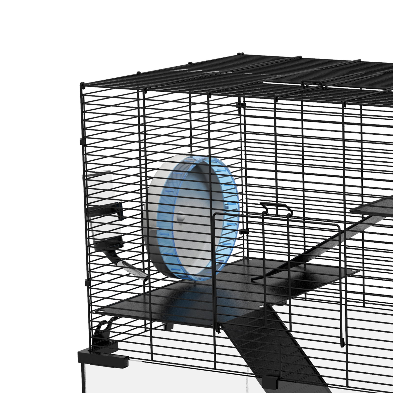 Gaiola para hamster com fundo de vidro plataformas comedouro bebedouro casa rampas e roda de exercício 60x40x54,5 cm preto