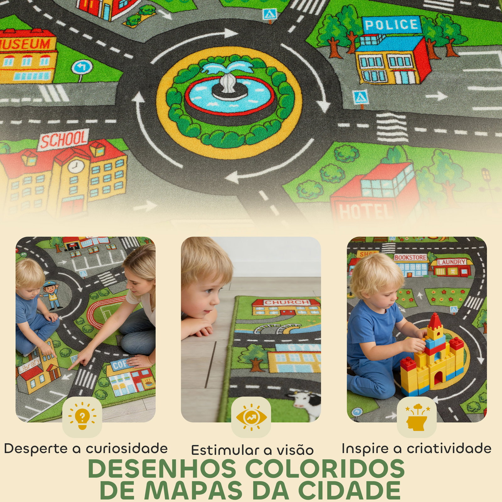 Tapete infantil estrada de cidade 160x100 cm tapete educativo antiderrapante para engatinhar e brincar com carros multicor