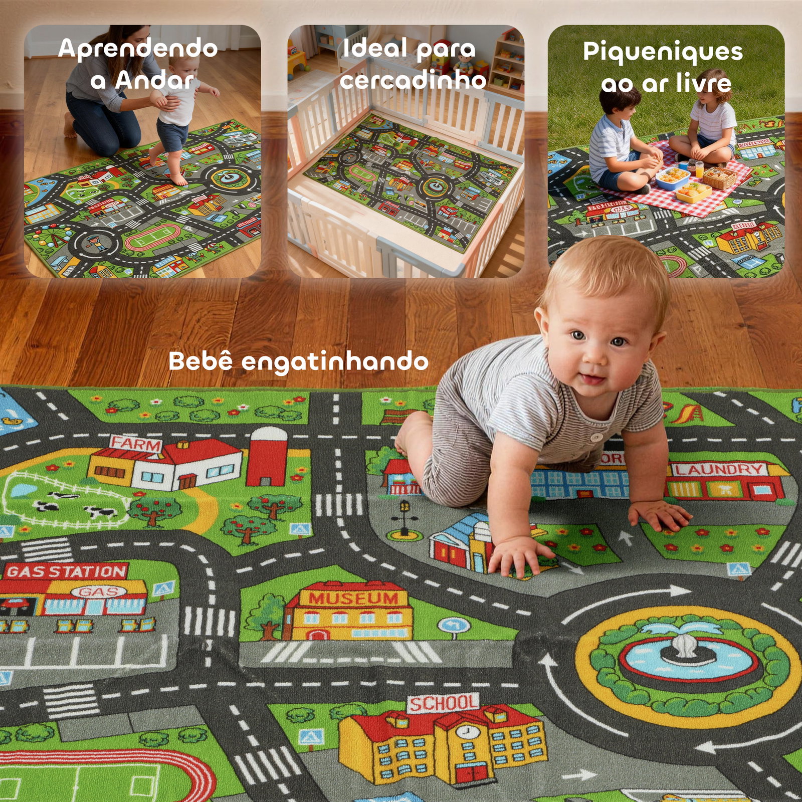 Tapete infantil estrada de cidade 160x100 cm tapete educativo antiderrapante para engatinhar e brincar com carros multicor