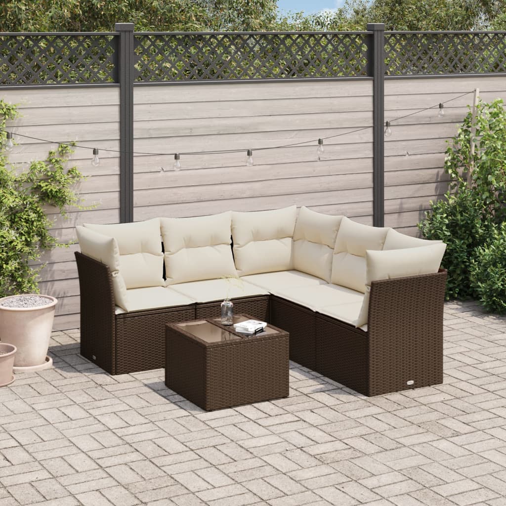 6 Pcs conjunto de sofás jardim c/ almofadões vime PE castanho