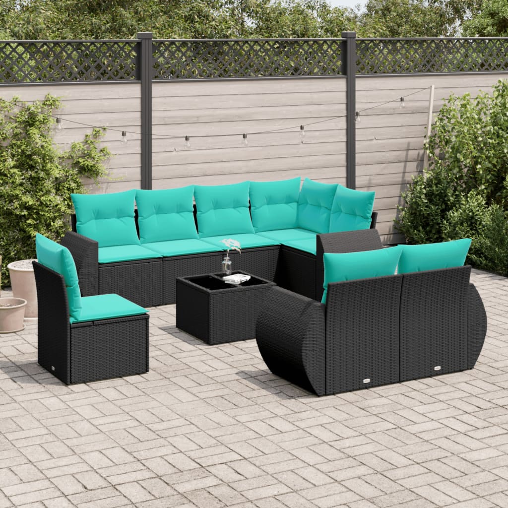Conjunto de sofá de jardim de 9 peças com almofadas em rattan sintético preto