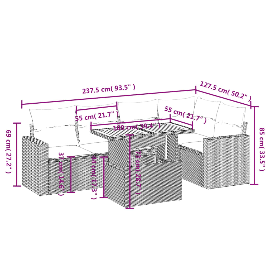6 Pcs conjunto sofás de jardim c/ almofadões vime PE preto