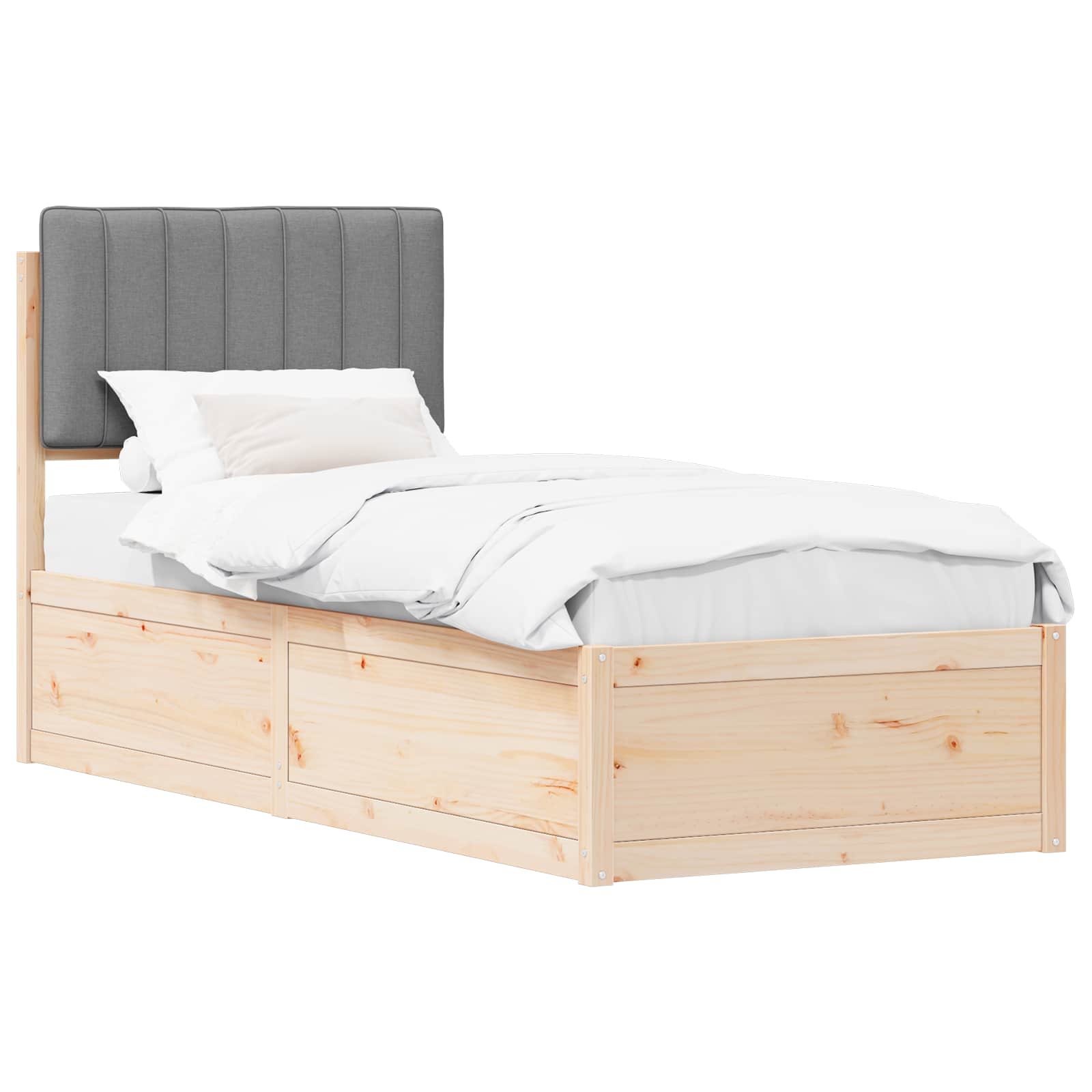 Estrutura de cama com cabeceira estofada cinzento-claro